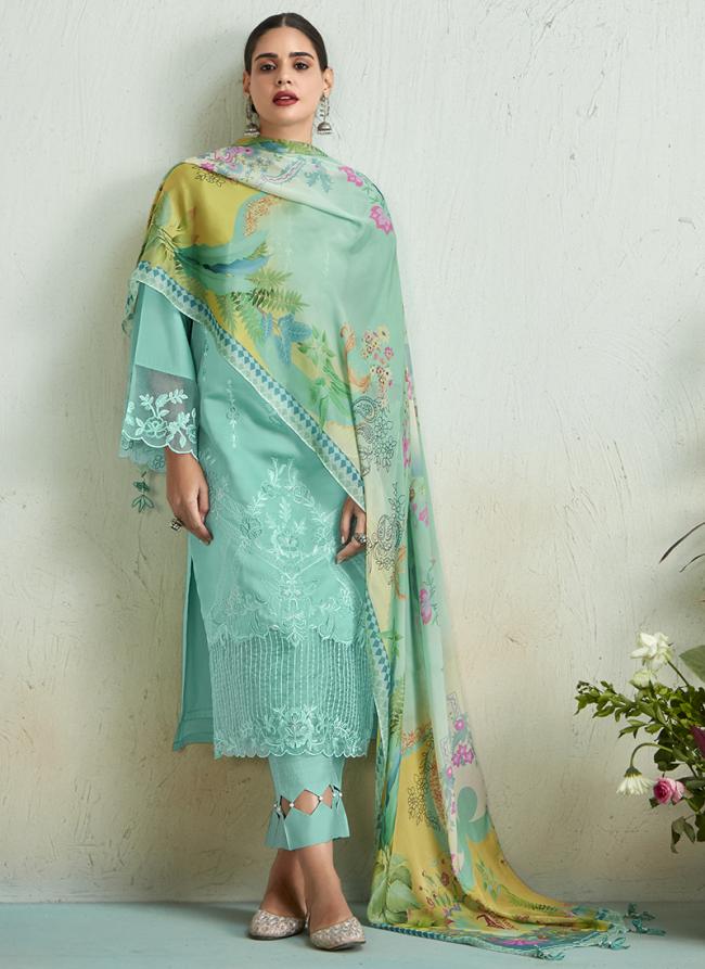 Pure Muslin Teal Green Traditional Wear Embroidery Work Salwaar Suit
